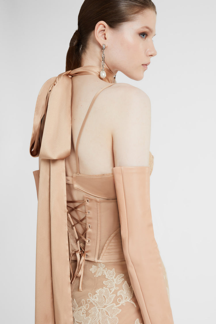 Unstructured silk satin bra with lace application