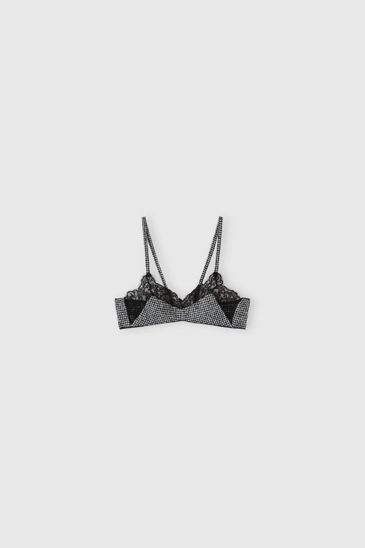 Unstructured wool blend bra with pied de poule pattern and lace applications
