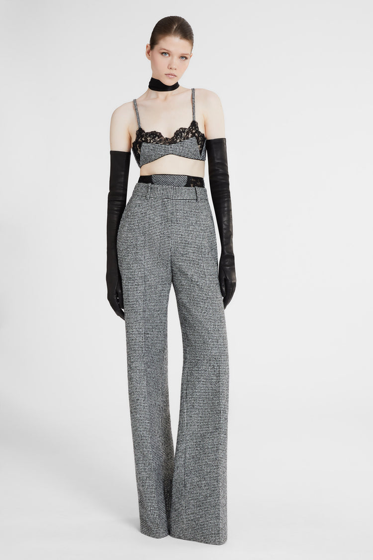 Unstructured wool blend bra with pied de poule pattern and lace applications