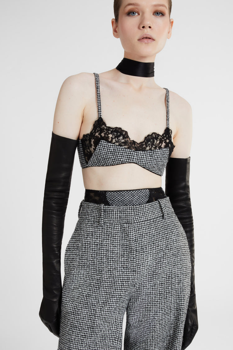 Unstructured wool blend bra with pied de poule pattern and lace applications