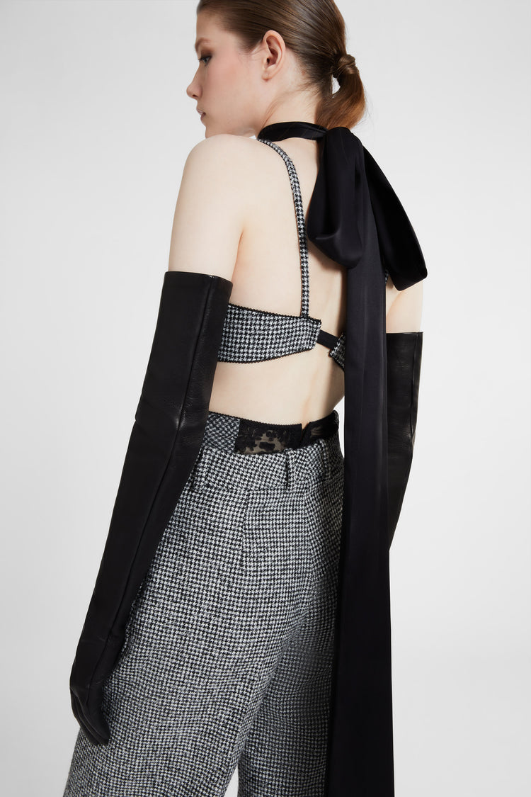 Unstructured wool blend bra with pied de poule pattern and lace applications