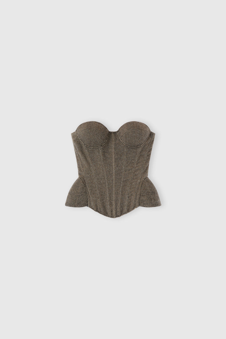 Structured bustier in wool, silk and cashmere herringbone