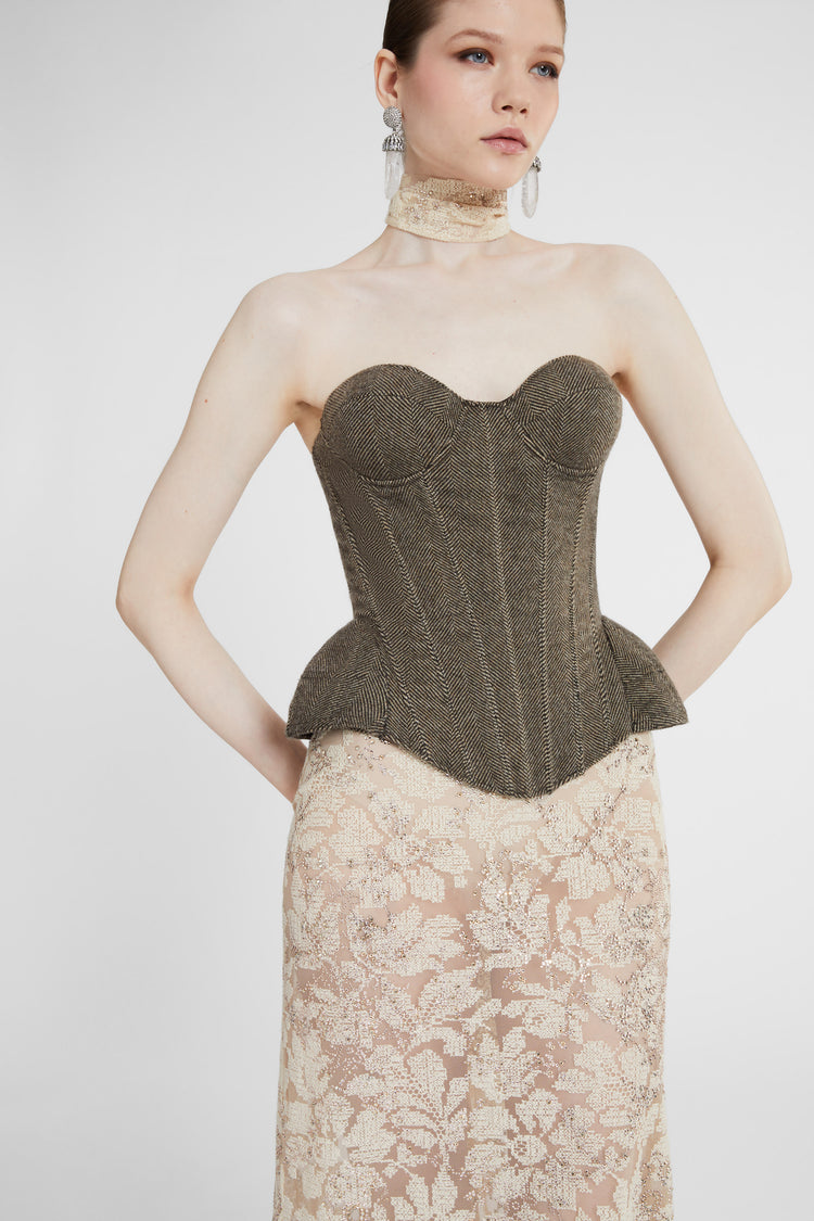 Structured bustier in wool, silk and cashmere herringbone