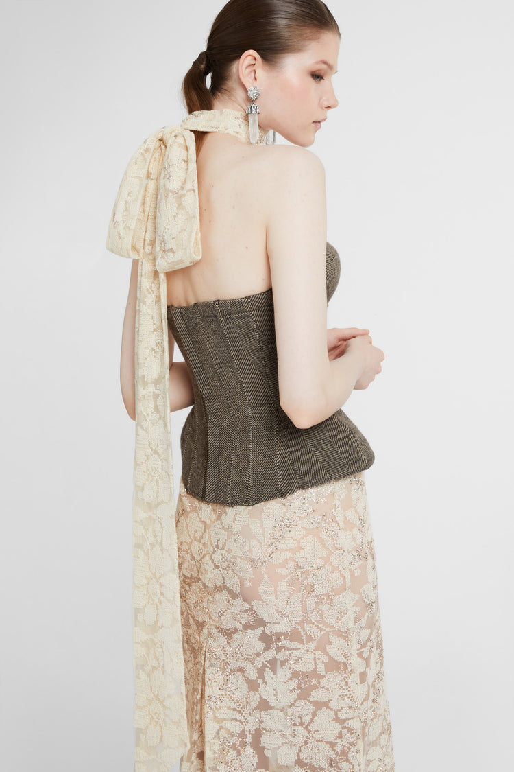 Structured bustier in wool, silk and cashmere herringbone