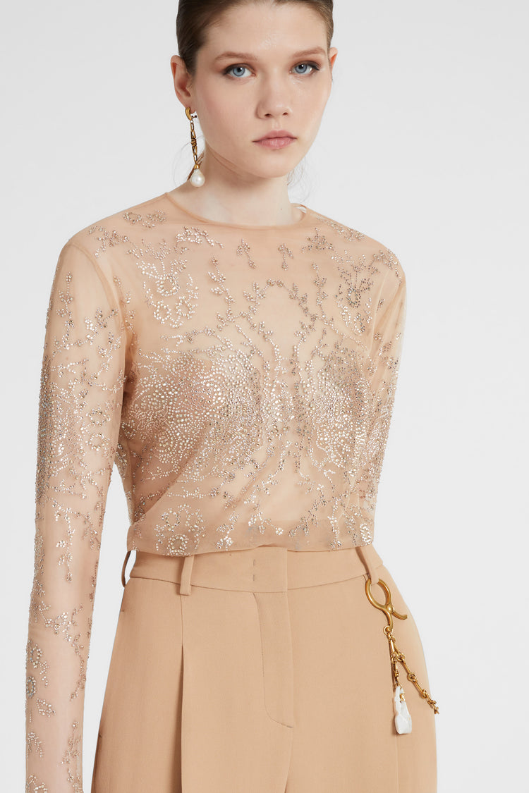 Tulle top with all-over crystal embroidery