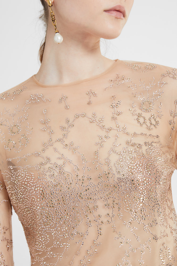 Tulle top with all-over crystal embroidery