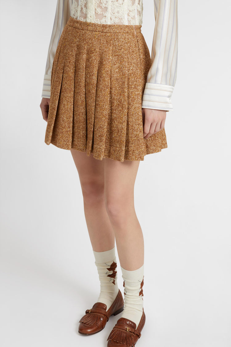 Wool blend pleated mini skirt with herringbone pattern