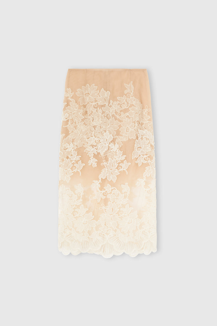 Sheath skirt in tulle and fine floral lace