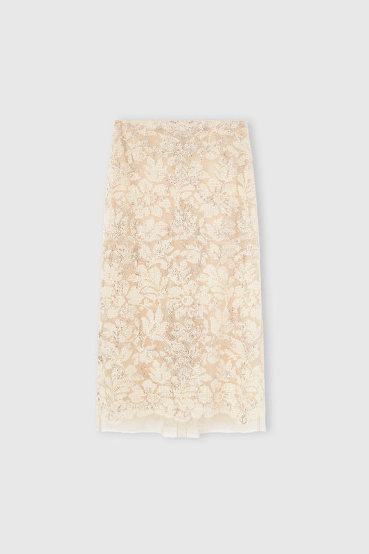 Sheath skirt in fine floral lace with hand-applied crystals