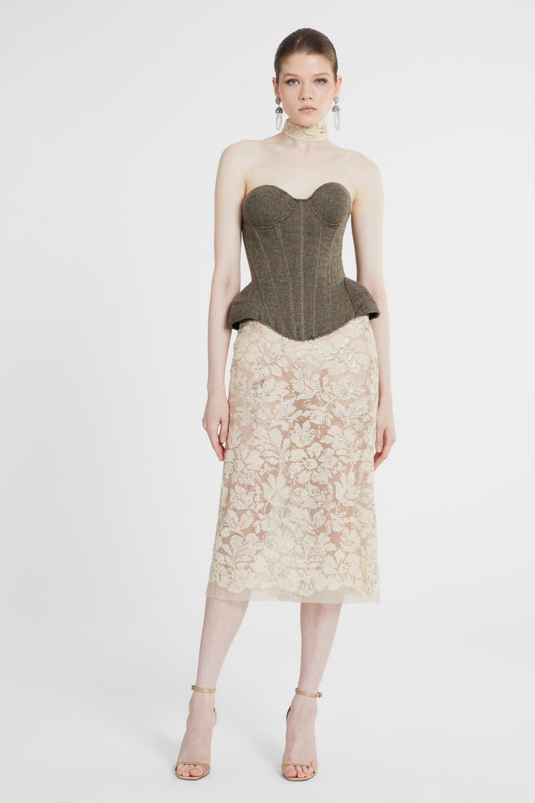 Sheath skirt in fine floral lace with hand-applied crystals