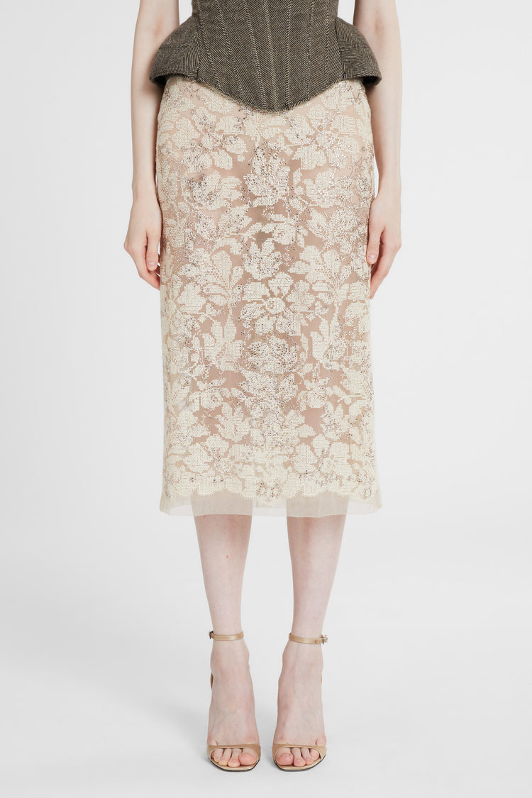 Sheath skirt in fine floral lace with hand-applied crystals