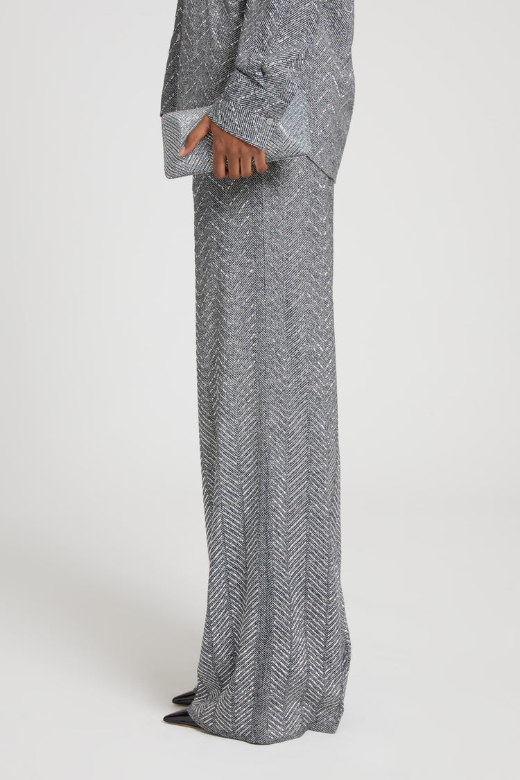 Palazzo trousers with herringbone design and hand-applied crystals