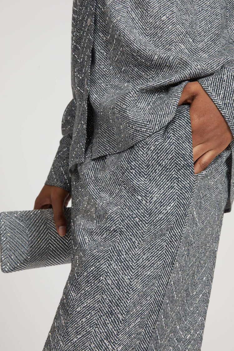 Palazzo trousers with herringbone design and hand-applied crystals