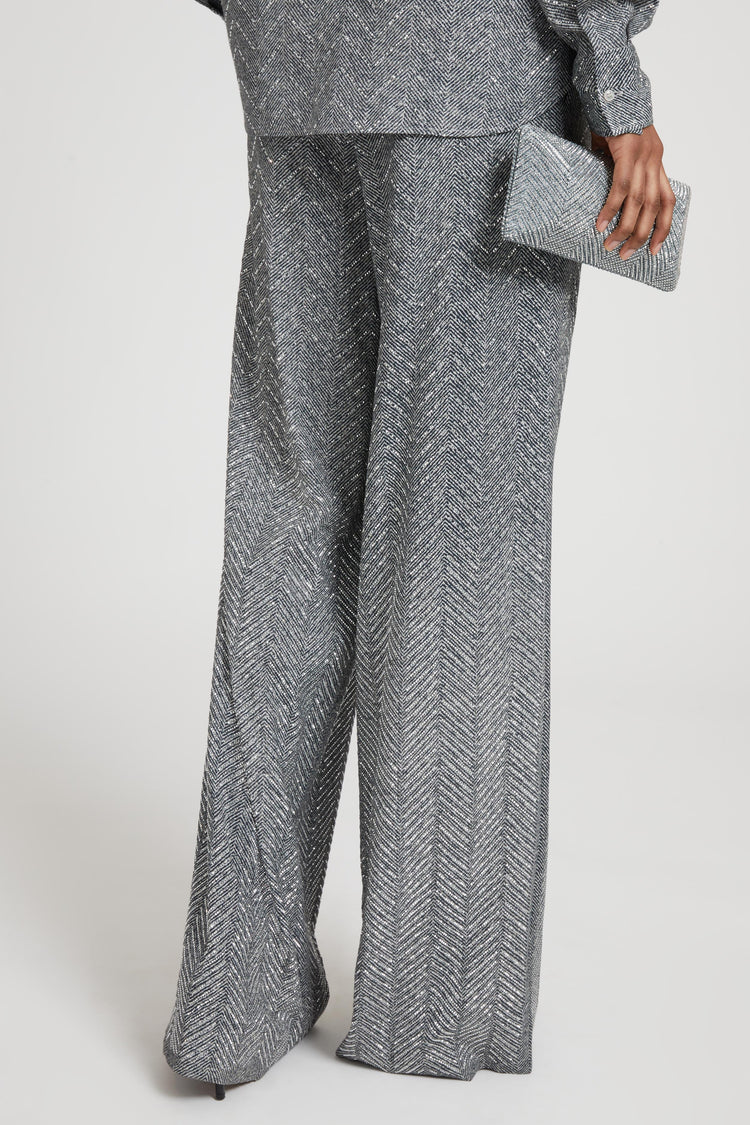 Palazzo trousers with herringbone design and hand-applied crystals