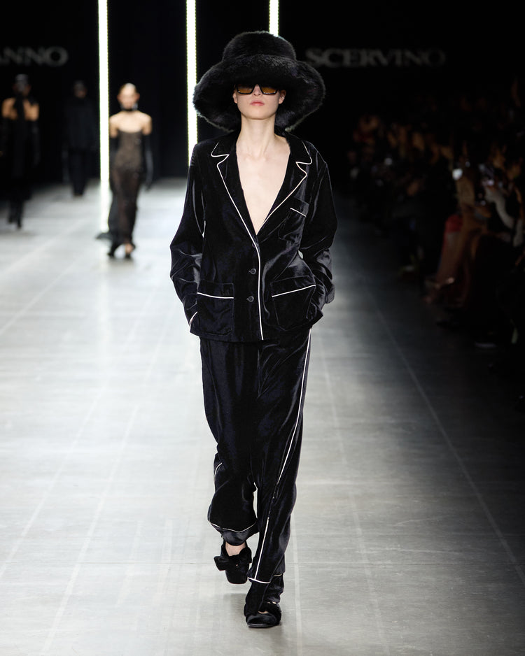 Pantalon palazzo en velours avec passepoil contrastant