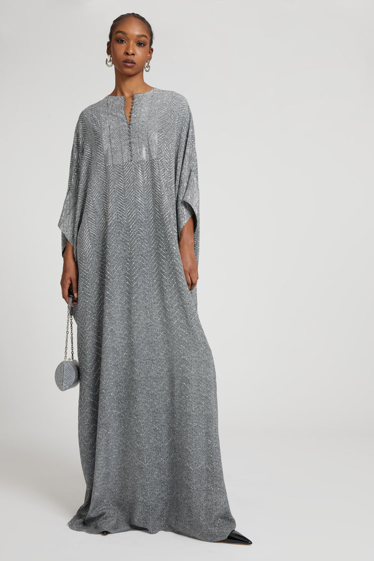 Long pure silk kaftan with hand-applied crystals