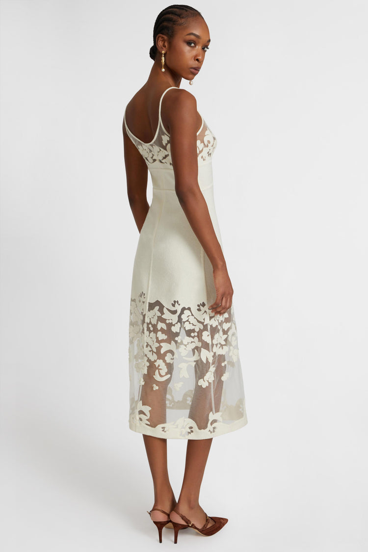 Wool and silk blend lingerie midi dress with floral inlay