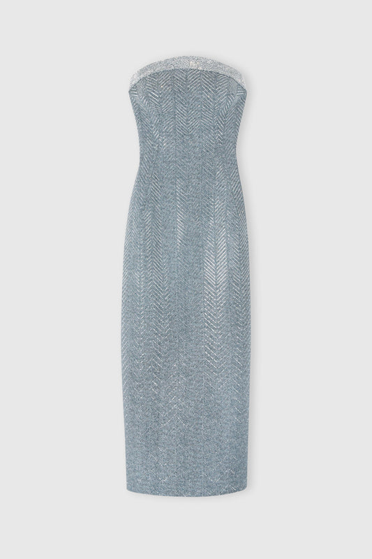 Viscose blend midi bustier dress with herringbone pattern and crystals