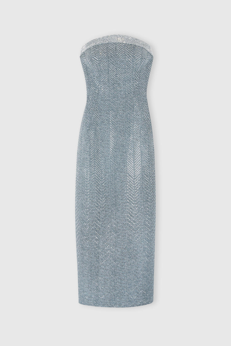 Viscose blend midi bustier dress with herringbone pattern and crystals