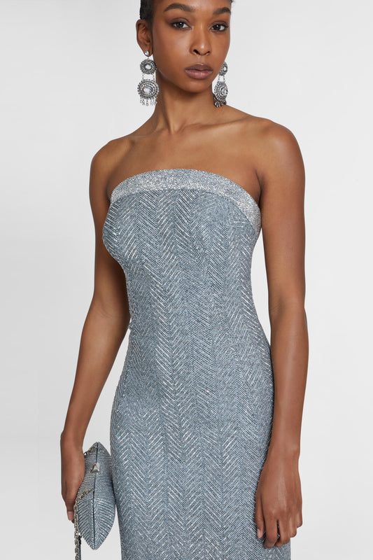Robe bustier midi en viscose mélangée à motif chevrons et cristaux