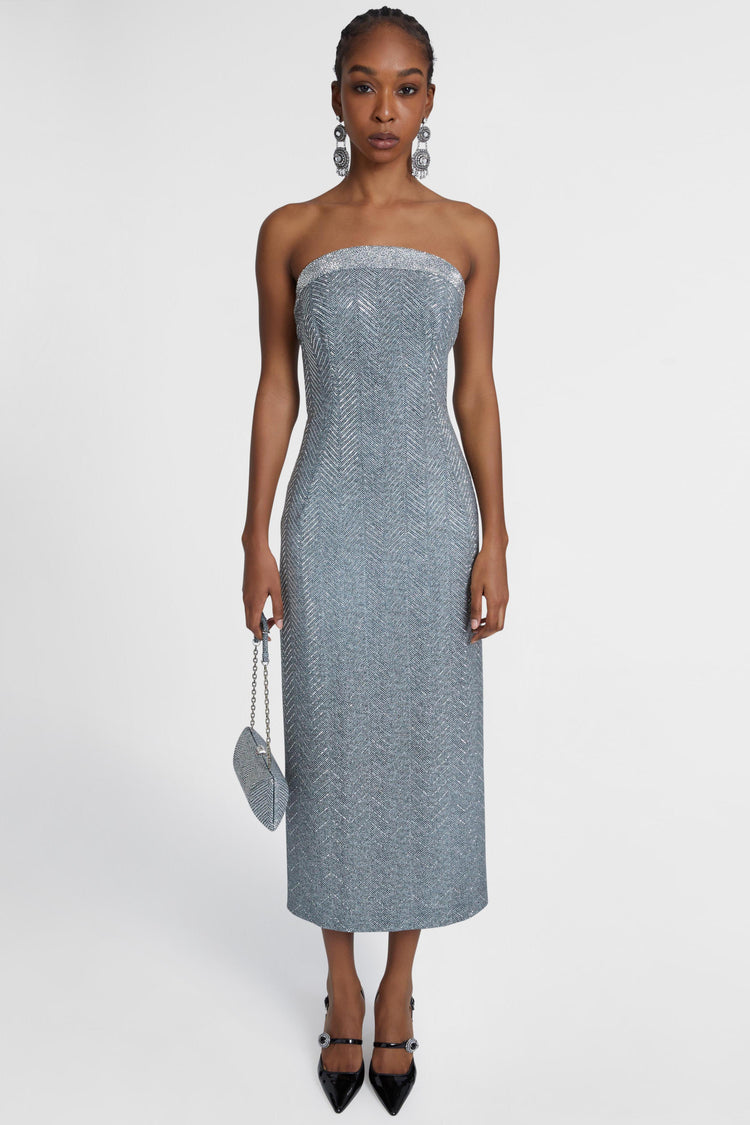 Viscose blend midi bustier dress with herringbone pattern and crystals
