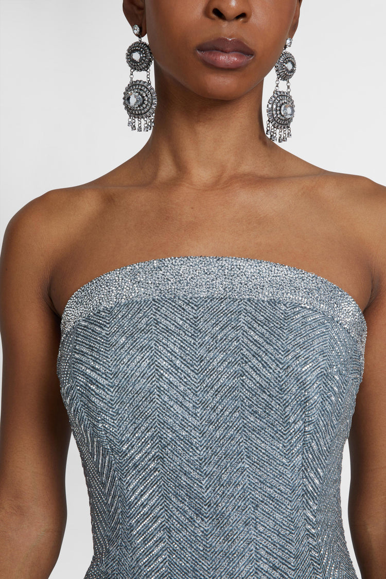 Viscose blend midi bustier dress with herringbone pattern and crystals