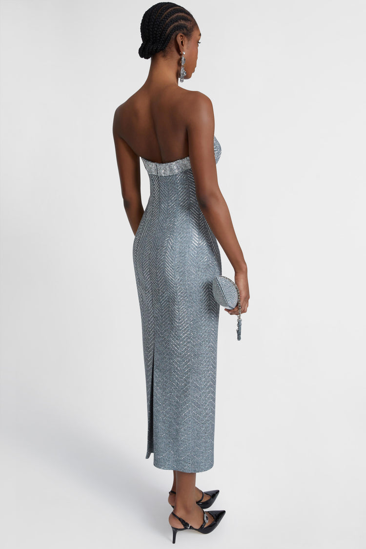 Viscose blend midi bustier dress with herringbone pattern and crystals