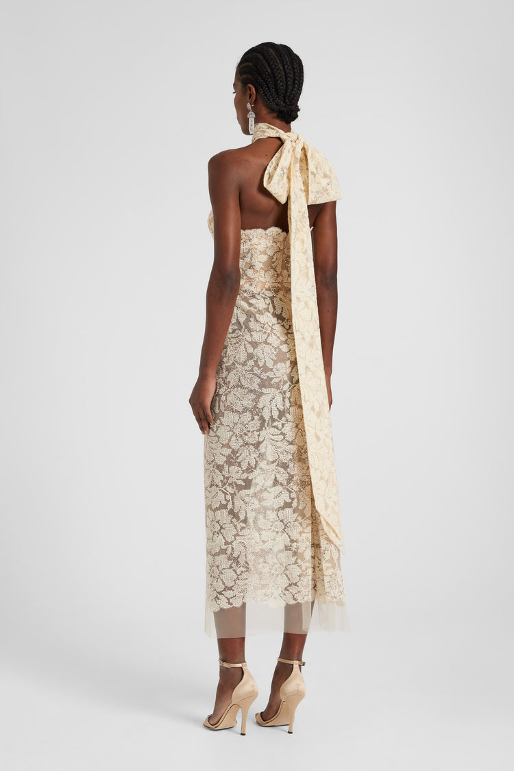 Abito bustier in pizzo e cristalli