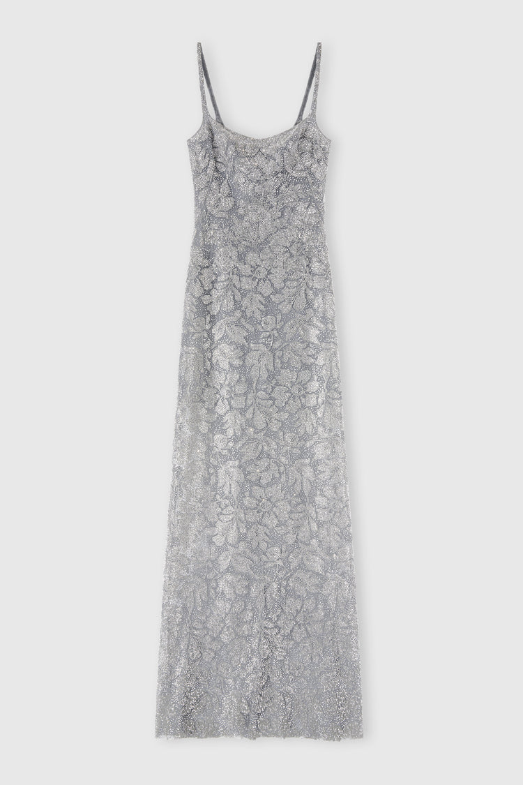 Abito lungo in pizzo e cristalli