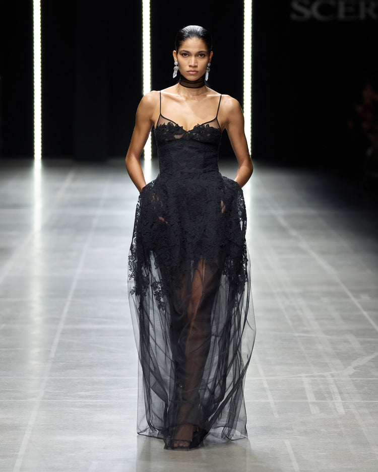 Bustier dress in tulle and rebrodé lace