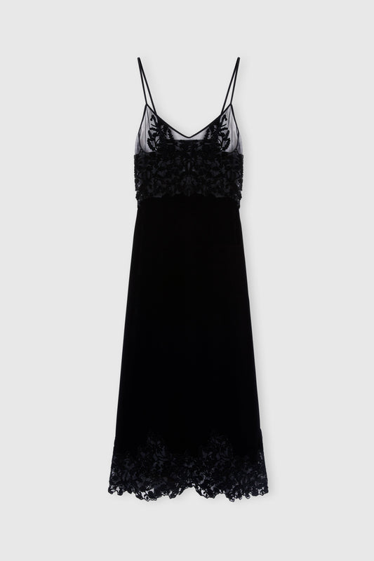 Lingerie-style velvet dress in viscose and silk with cutouts and rebrode lace