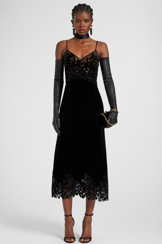 Lingerie-style velvet dress in viscose and silk with cutouts and rebrode lace