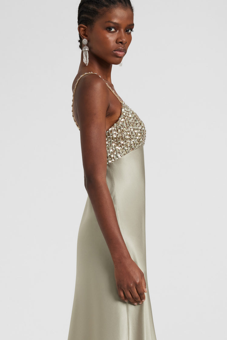 Abito lungo lingerie in satin di seta e paillettes