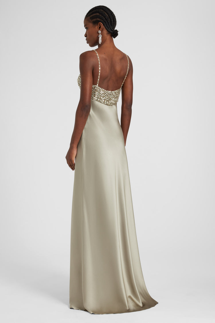 Abito lungo lingerie in satin di seta e paillettes