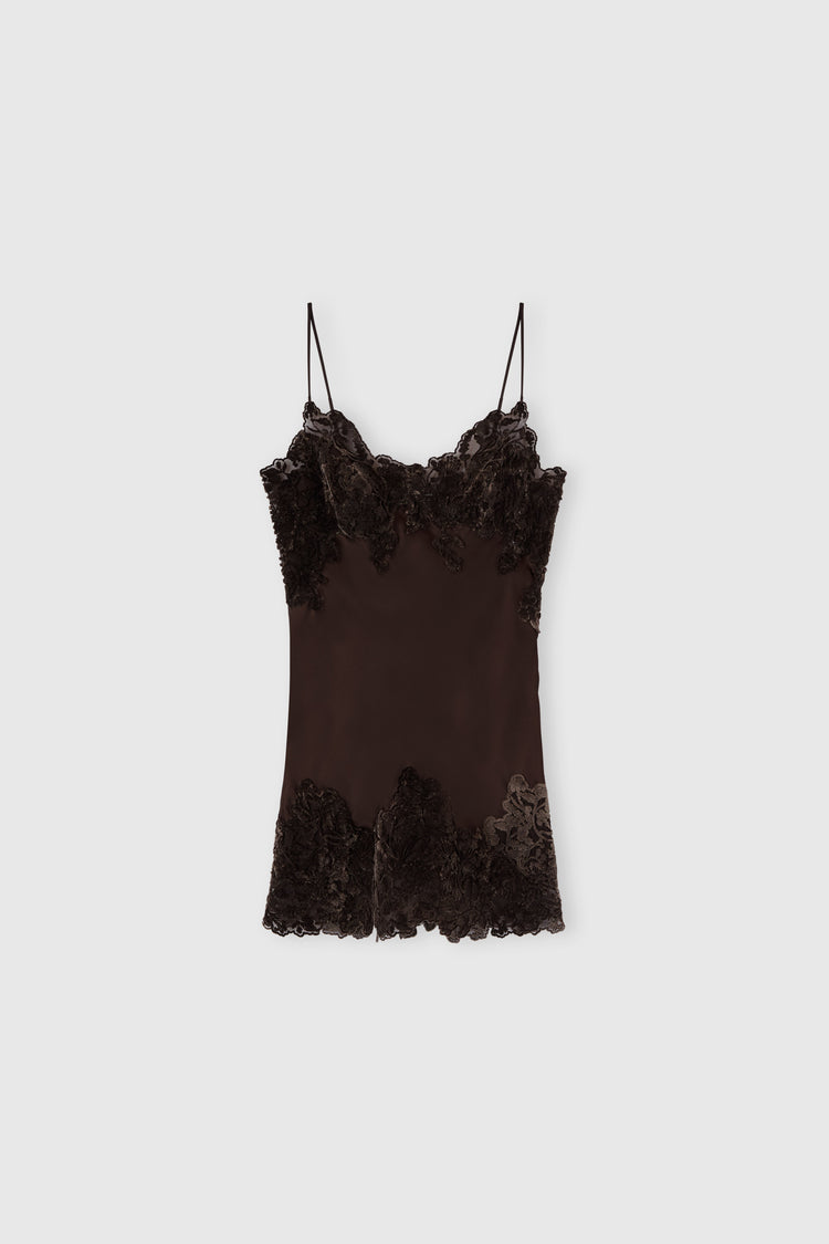 Abito corto in seta con pizzo velluto intagliato a mano