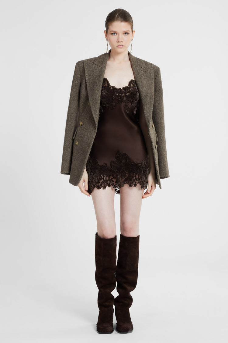 Abito corto in seta con pizzo velluto intagliato a mano