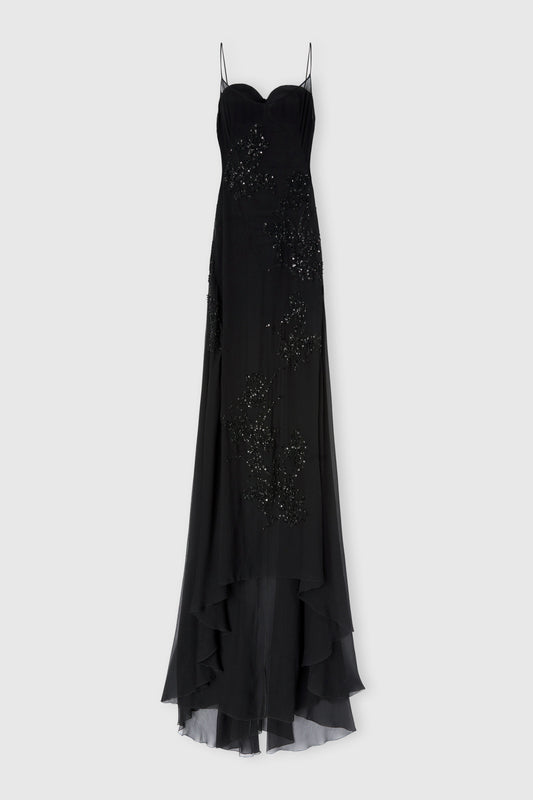 Robe longue en mousseline de soie avec cristaux appliqués à la main
