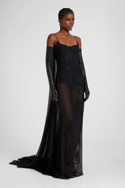 Long silk chiffon dress with hand-applied crystals