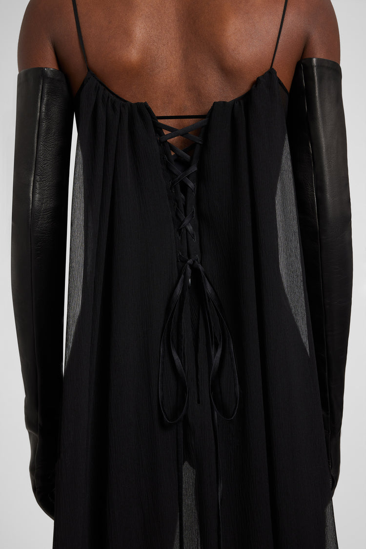 Long silk chiffon dress with hand-applied crystals