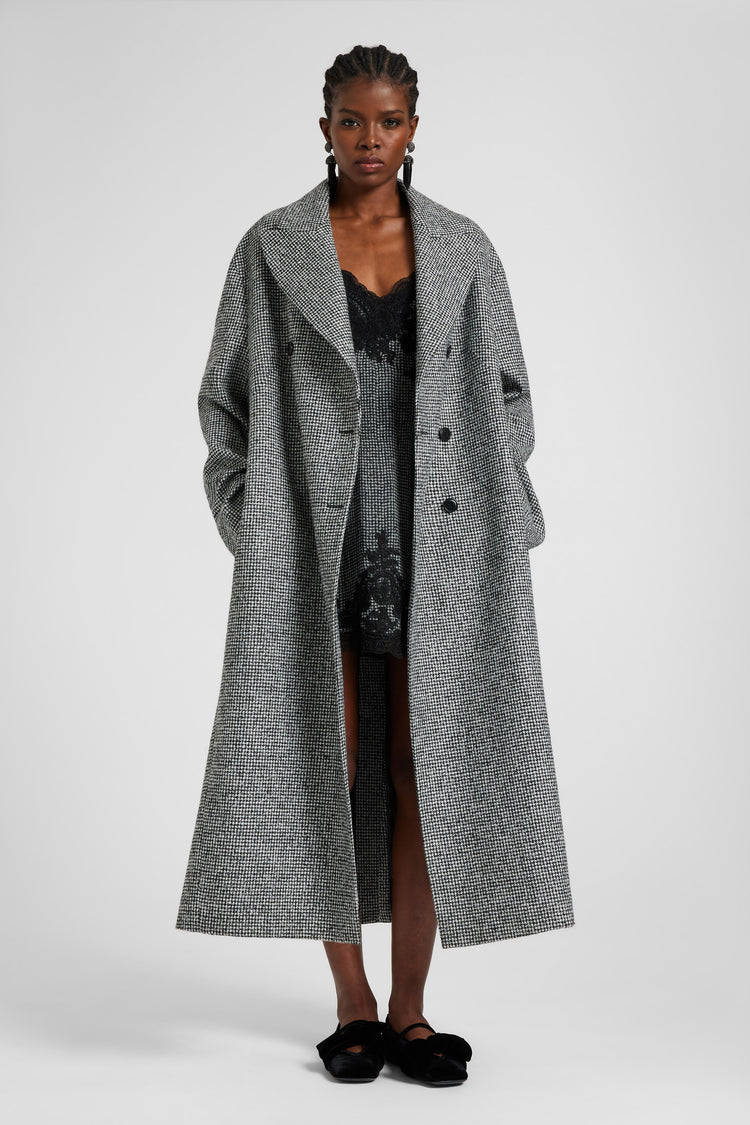 Abito lingerie in seta pied de poule con pizzo a contrasto