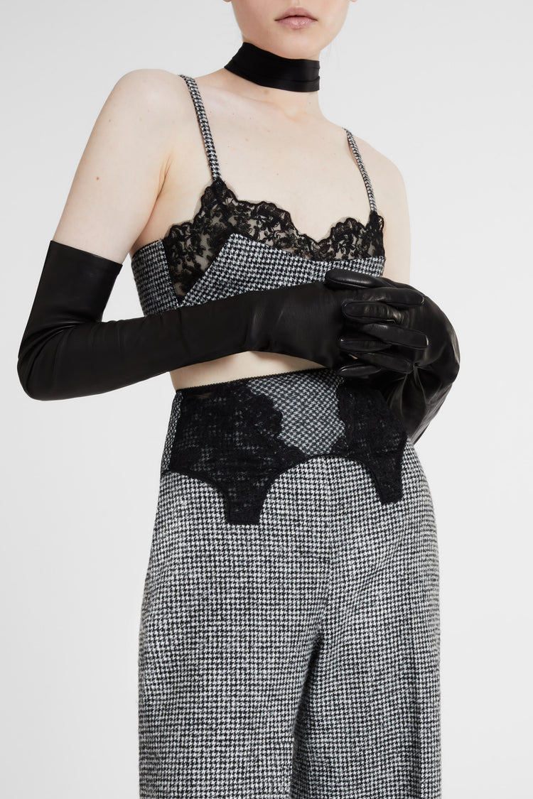 Silk pied de poule garter belt with lace