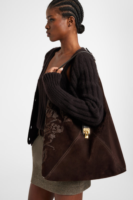 Large embroidered suede hobo bag