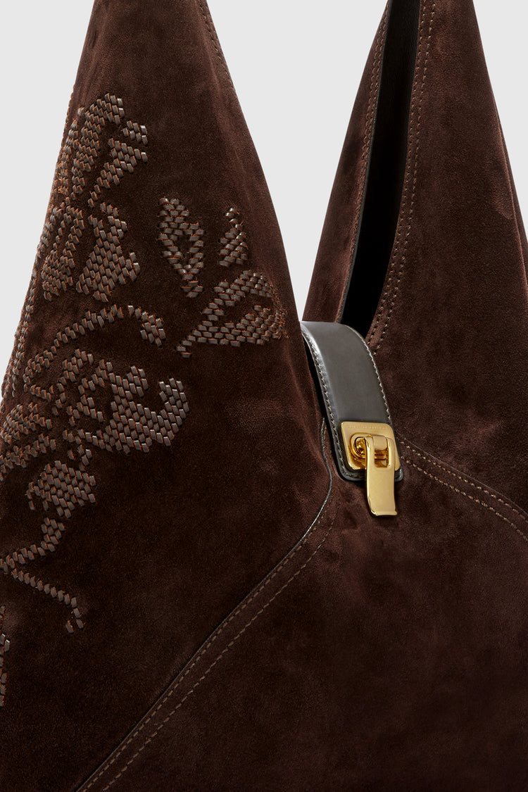 Large embroidered suede hobo bag