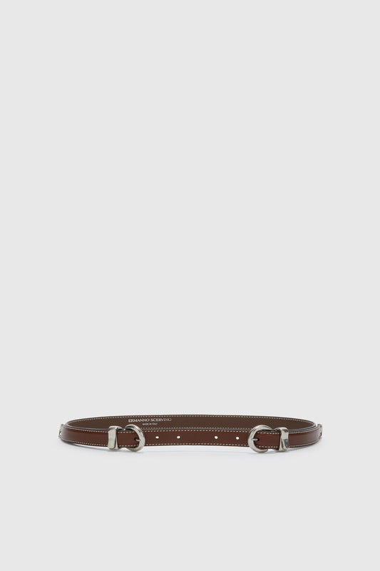 Brown belt in smooth calfskin with double buckle tip and loop
