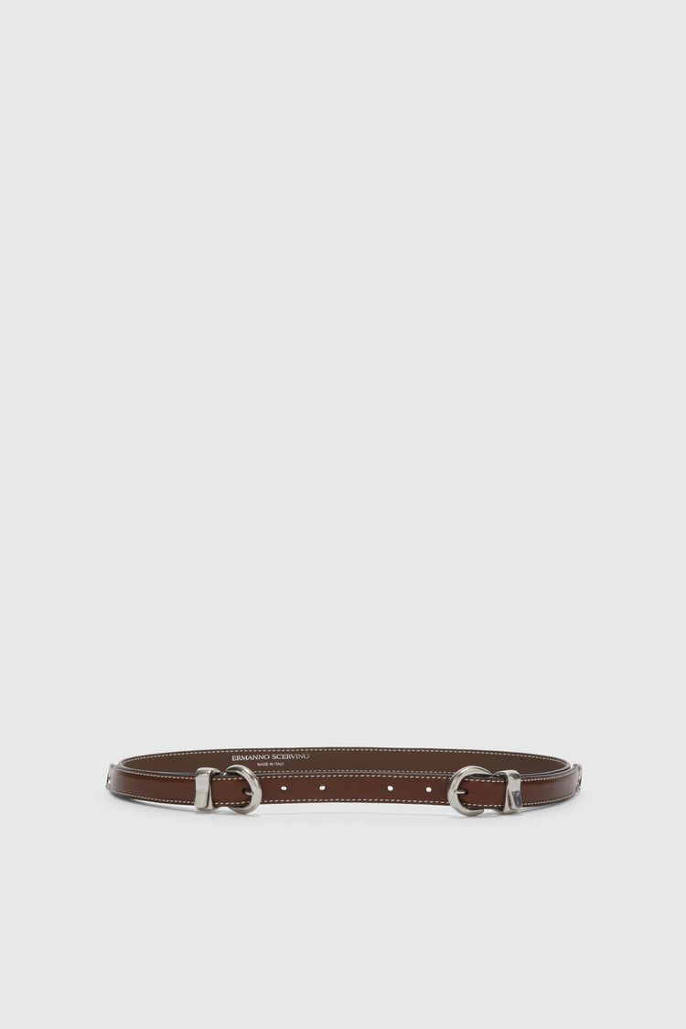 Brown belt in smooth calfskin with double buckle tip and loop