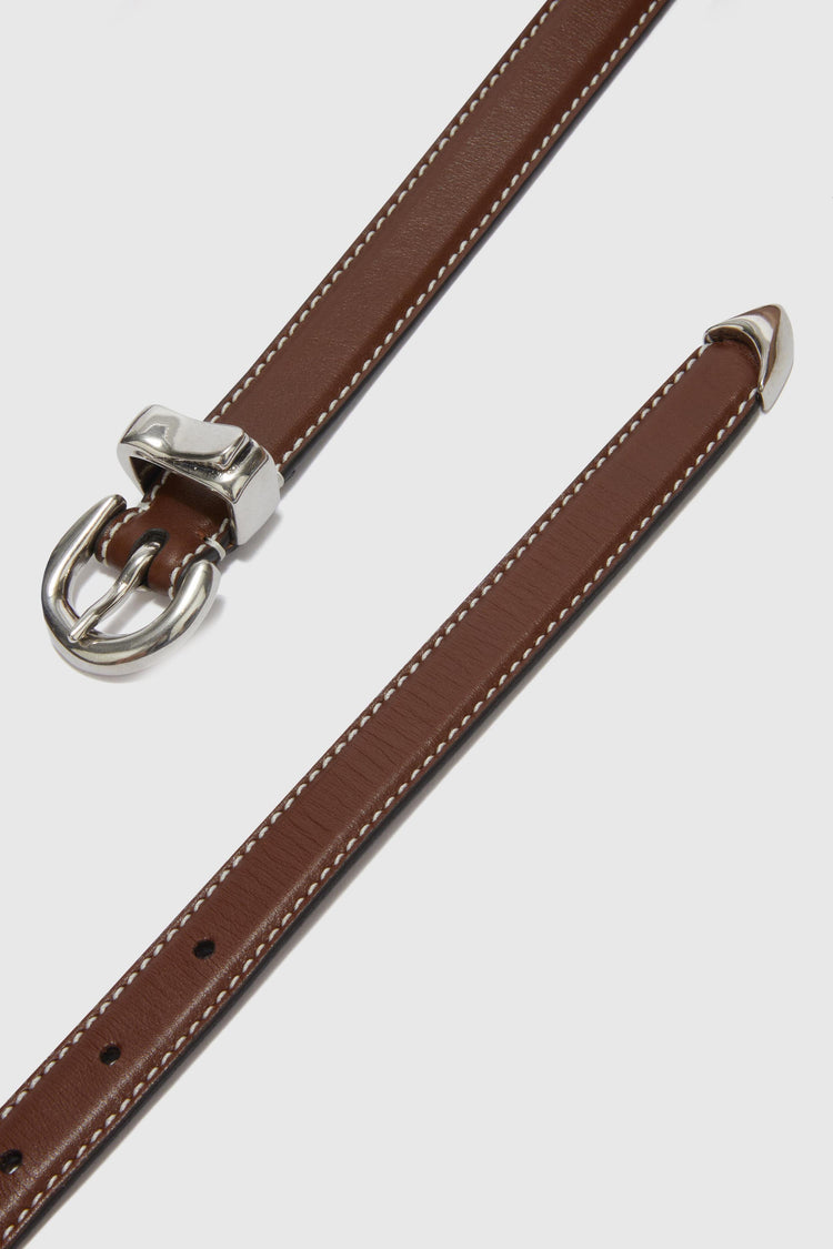 Brown belt in smooth calfskin with double buckle tip and loop