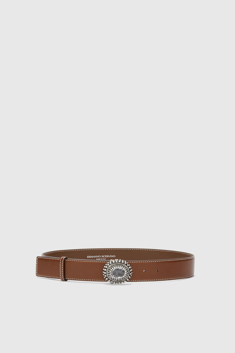 Forest green belt in smooth calfskin with double buckle, tip and loop