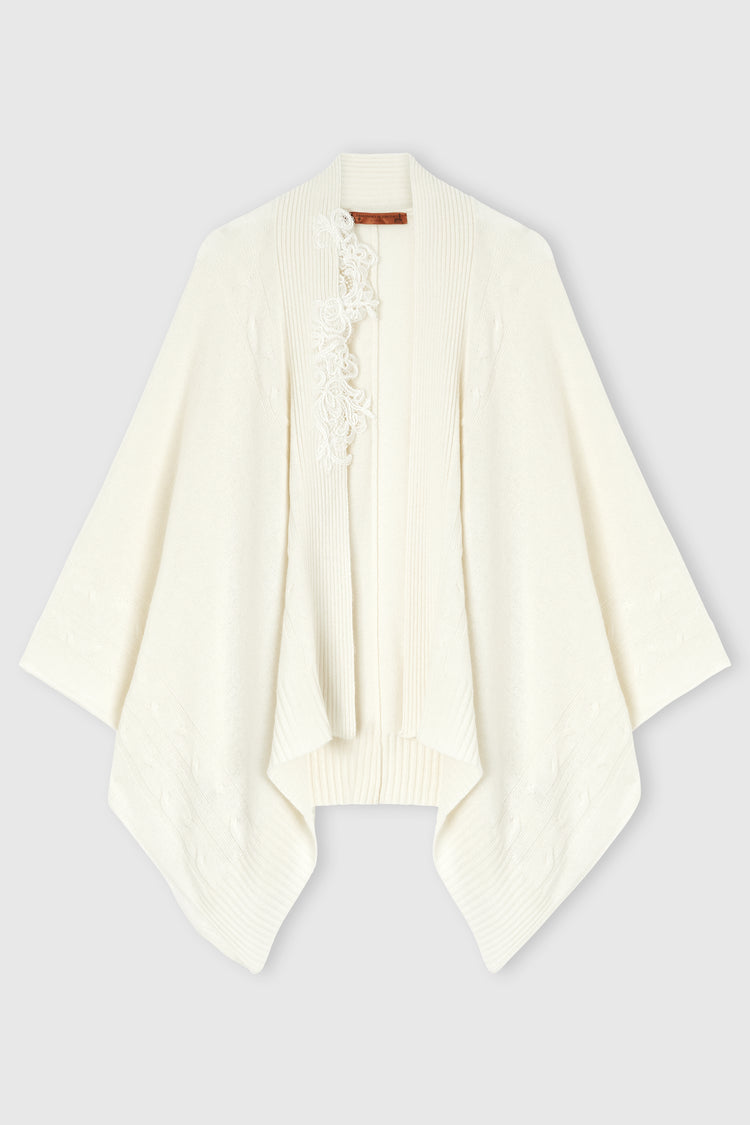 Wool and cashmere stole with braids and embroidered lace inlays