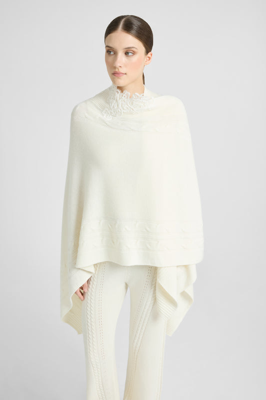 Wool and cashmere stole with braids and embroidered lace inlays