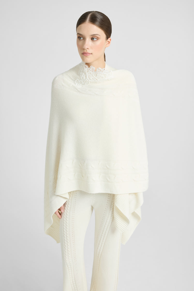 Wool and cashmere stole with braids and embroidered lace inlays